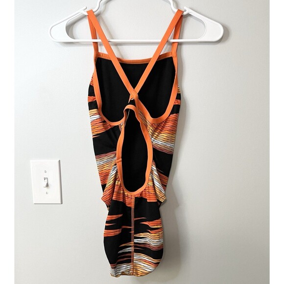 Speedo Size 6/32 Women's ENDURANCE Competitive Swimsuit Orange Black Stripe - Picture 4 of 5
